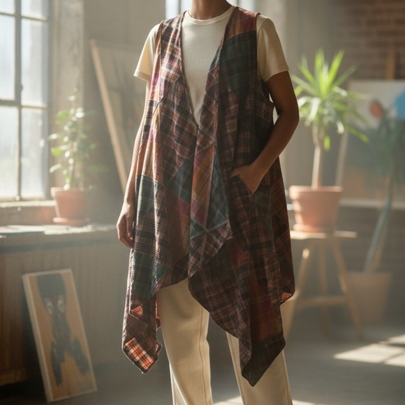 Jaded Gypsy Tops - Jaded Gypsy Look Of Love Patchwork Plaid Vest One Size Asymmetrical Boho Cotton